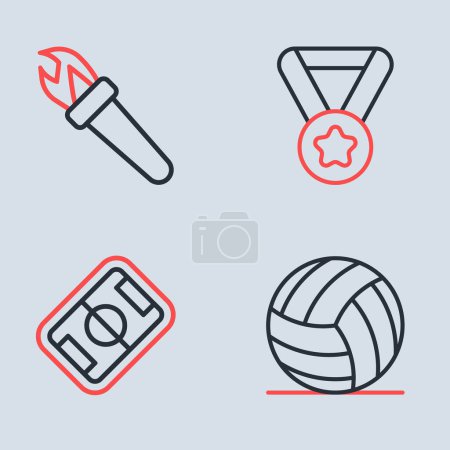 Ilustración de Establecer línea Medalla, Campo de fútbol, Voleibol y antorcha icono de la llama. Vector - Imagen libre de derechos