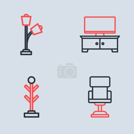 Ilustración de Set line TV mesa soporte, Escudo, Silla de oficina y el icono de la lámpara de pie. Vector - Imagen libre de derechos