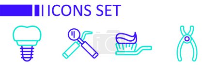 Illustration for Set line Dental pliers, Toothbrush with toothpaste, mirror and probe and implant icon. Vector - Royalty Free Image