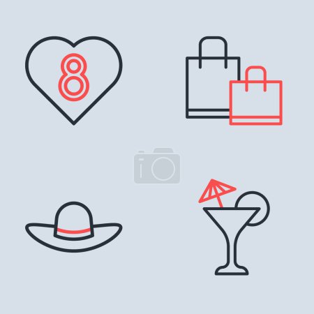 Illustration for Set line Paper shopping bag, Elegant women hat, Martini glass and Heart with 8 March icon. Vector - Royalty Free Image