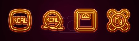 Set line Kcal, Bathroom scales and Magnesium. Glowing neon icon. Vector