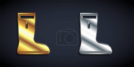 Gold and silver Waterproof rubber boot icon isolated on black background. Gumboots for rainy weather, fishing, gardening. Long shadow style. Vector