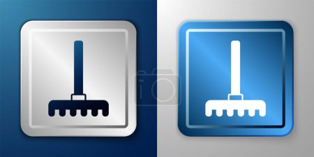 Illustration for White Garden rake icon isolated on blue and grey background. Tool for horticulture, agriculture, farming. Ground cultivator. Housekeeping equipment. Silver and blue square button. Vector - Royalty Free Image