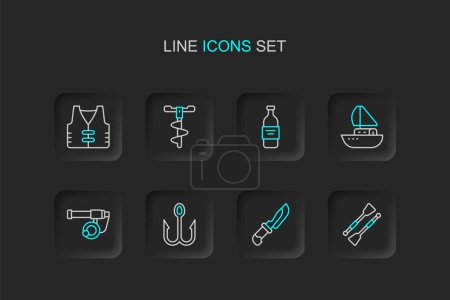 Set line Oars or paddles boat, Knife, Fishing hook, rod, Yacht sailboat, Bottle of vodka, Hand ice drill and jacket icon. Vector