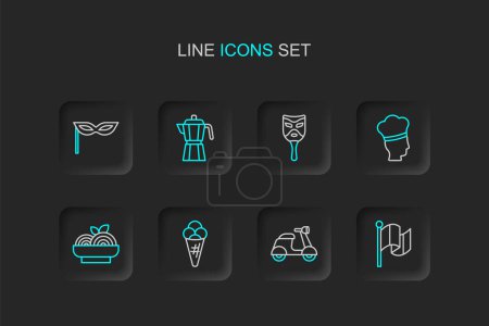 Set line Flag Italy, Scooter, Ice cream in waffle, Pasta spaghetti, Italian cook, Carnival mask, Coffee maker moca pot and  icon. Vector