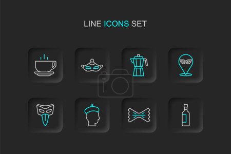 Set line Bottle of wine, Macaroni, French man, Carnival mask, Coffee maker moca pot,  and cup icon. Vector