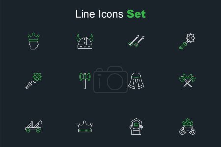 Set line Princess or queen, Medieval throne, King crown, catapult, Crossed medieval axes, helmet, poleaxe and Mace with spikes icon. Vector