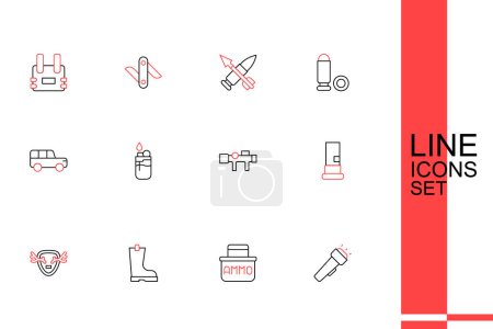 Illustration for Set line Flashlight, Ammunition box, Waterproof rubber boot, Deer antlers shield, Cartridges, Sniper optical sight, Lighter and Safari car icon. Vector - Royalty Free Image