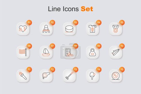 Set line Billiard pool snooker ball, Racket, Medieval arrows, Whistle, Torch flame, Fitness sneakers shoes, Weight and Sports doping with dumbbell icon. Vector