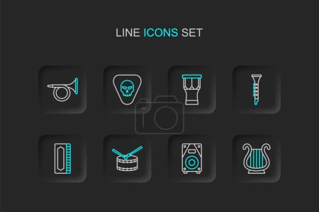 Set line Ancient Greek lyre, Stereo speaker, Drum with drum sticks, Harmonica, Clarinet, African percussion, Guitar pick and Trumpet icon. Vector