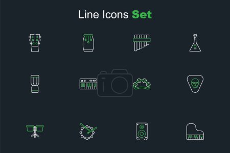 Set line Grand piano, Stereo speaker, Drum with drum sticks, Bongo, Guitar pick, Tambourine, Music synthesizer and African djembe icon. Vector