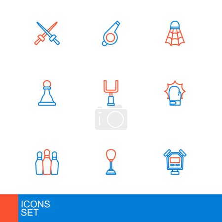 Set line Stopwatch, Punching bag, Bowling pin, boxing gloves, Chess, American football goal post, Badminton shuttlecock and Whistle icon. Vector