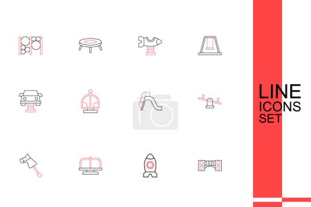 Set line Playground kids bridge, Rocket ship toy, Attraction carousel, Toy horse, Seesaw, Slide playground,  and Swing icon. Vector