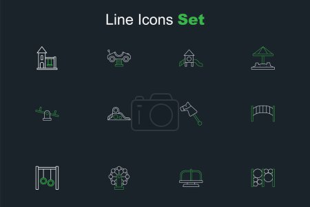 Set line Playground climbing equipment, Attraction carousel, Swing for kids, Gymnastic rings, bridge, Toy horse, Slide playground and Seesaw icon. Vector