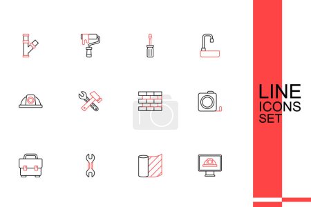 Set line Worker safety helmet, Wallpaper, Wrench spanner, Toolbox, Roulette construction, Bricks, Window in room and  icon. Vector