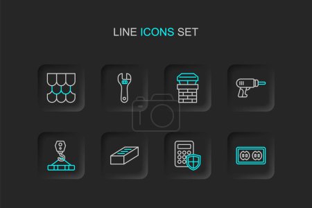 Set line Electrical outlet, Security keypad access panel, Brick, Crane hook, drill machine, Chimney, Adjustable wrench and Roof tile icon. Vector