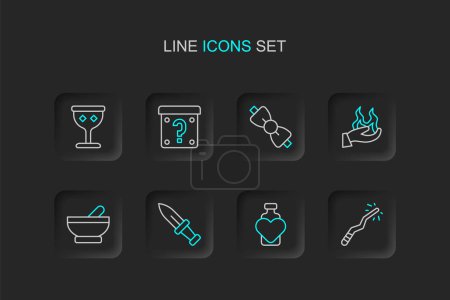 Illustration for Set line Magic wand, Bottle with love potion, Dagger, Witch cauldron, Hand holding fire, Bow tie, Mystery box and Medieval goblet icon. Vector - Royalty Free Image