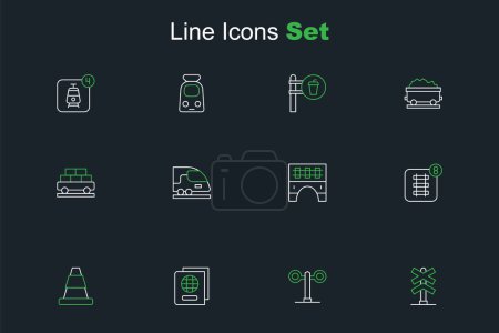 Illustration for Set line Railroad crossing, Train traffic light, Passport, Traffic cone, Online ticket booking, Bridge for train, High-speed and Cargo wagon icon. Vector - Royalty Free Image