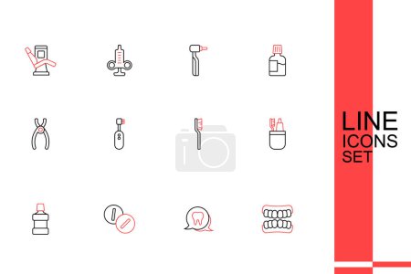Set line Dentures model, Tooth, Toothache painkiller tablet, Mouthwash, Toothbrush and toothpaste, Electric toothbrush and Dental pliers icon. Vector