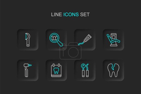 Set line Broken tooth, Dental mirror and probe, Calendar with, Tooth drill, Medical dental chair, Tube of toothpaste, search and floss icon. Vector