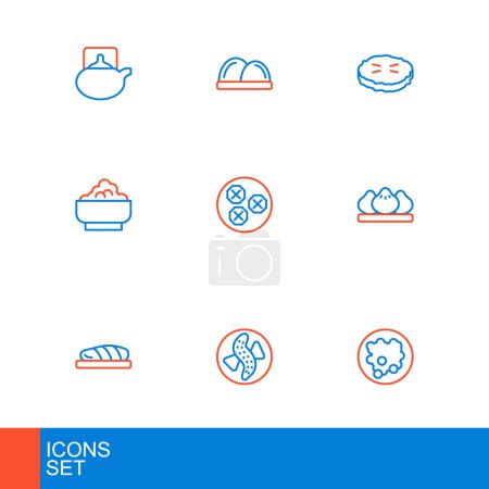 Establecer línea Arroz en un tazón, Servido pepino en el plato, Filete de pescado, Dumpling, Wonton, Pastel casero y el icono de Sushi. Vector