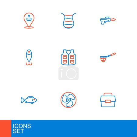 Illustration for Set line Case or box for fishing, Outboard boat motor, Fish, Fishing net, lure, jacket, hook and  icon. Vector - Royalty Free Image