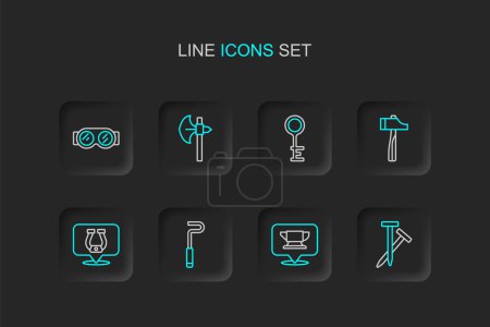 Set line Metallic nails, Blacksmith anvil tool, Fire poker, Horseshoe, Hammer, Old key, Medieval axe and Welding glasses icon. Vector