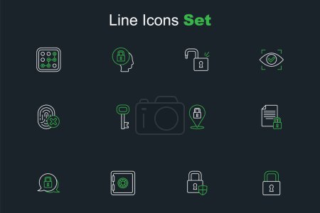 Set line Lock, Shield security with lock, Safe, Document and, Old key and Cancelled fingerprint icon. Vector