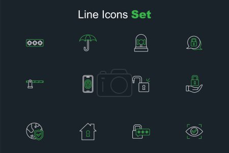 Set line Eye scan, Cyber security, House under protection, Shield with world globe, Lock, Open padlock, Mobile fingerprint scanner and Parking car barrier icon. Vector