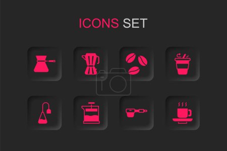 Set French press, Coffee maker moca pot, turk, filter holder, cup to go, beans and Tea bag icon. Vector