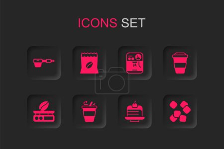 Set Coffee cup to go, Bag coffee beans, filter holder, Piece cake, Sugar cubes, machine and Electronic scales icon. Vector