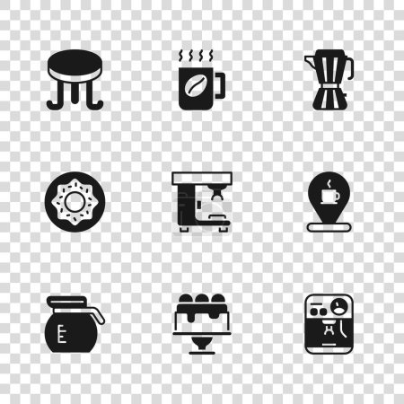Set Kuchen, Ort mit Kaffeetasse, Kaffeemaschine, Mokkakanne, Tisch und Donut-Symbol. Vektor