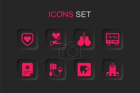 Set Blood pressure, Heart with cross, Immune system, Dental clinic location, Monitor cardiogram, Hospital building, Lungs and Patient record icon. Vector