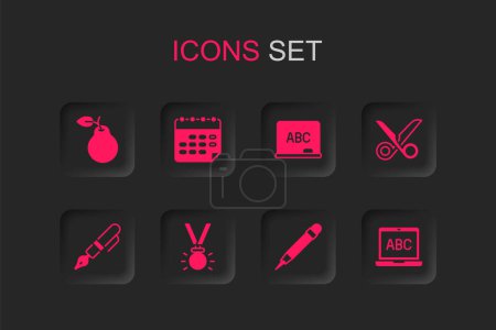 Set Medal, School timetable, Pear, Pencil with eraser, Scissors, Laptop, Chalkboard and Fountain pen nib icon. Vector