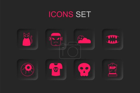 Set Camisa con cráneo, cara de Frankenstein, Gato negro, Cráneo, Dientes de vampiro, Lápida RIP escrito, Luna y estrellas y Ojo icono. Vector