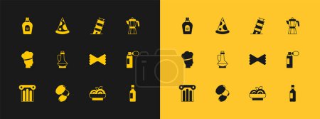 Set Coffee maker moca pot, Olives, Macaroni, Pasta spaghetti, Bottle olive oil, Leaning tower in Pisa, Perfume and Slice pizza icon. Vector