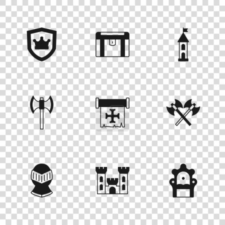 Set Castle, Crossed medieval axes, Medieval throne, Crusade, tower, Shield with crown, Antique treasure chest and poleaxe icon. Vector