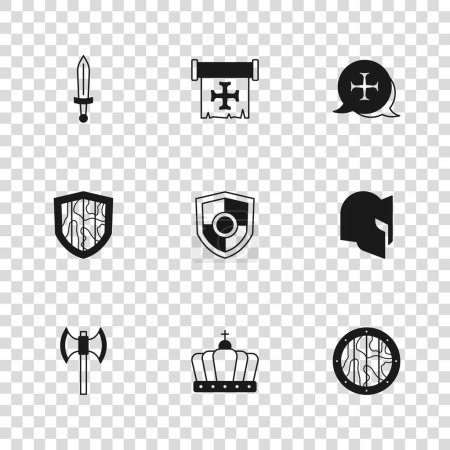 Illustration for Set King crown, Medieval helmet, Round wooden shield, Shield, Crusade, sword,  and  icon. Vector - Royalty Free Image