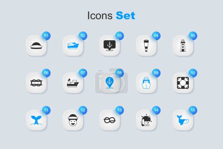 Set Tsunami, Cargo ship, Speedboat, Whale tail, Lifebuoy, Sailor hat and Location with anchor icon. Vector