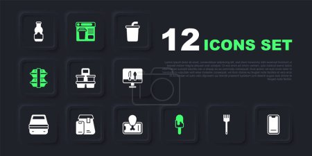 Set Fork, Food ordering on mobile, Coffee cup to go, Ice cream, Lunch box, Online food,  and  icon. Vector