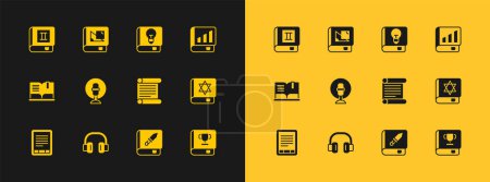 Set Financial book, Headphones, Decree, parchment, scroll, Book about weapon, Microphone, User manual,  and geometry icon. Vector