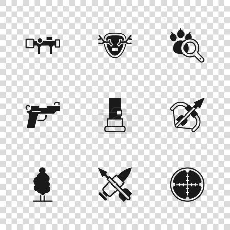 Set Crossed bullet with arrow, Medieval bow and, Sniper optical sight, Cartridges, Paw search, Deer antlers on shield and Pistol or gun icon. Vector