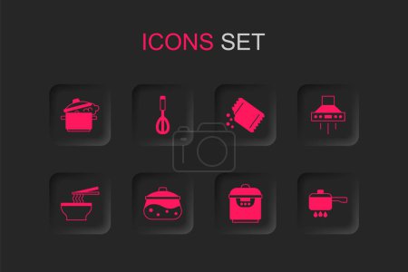 Set Cooking pot, Kitchen whisk, Slow cooker, extractor fan, on fire, Packet of pepper and Asian noodles bowl icon. Vector