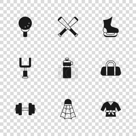 Set Bádminton Shuttlecock, bolsa de deporte, kimono, agitador de fitness, patines, camiseta de pelota de golf, bate de béisbol cruzado y el icono de poste de gol de fútbol americano. Vector