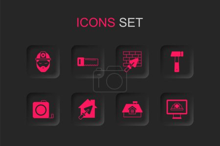 Set House with trowel, Hand saw, Builder, Hammer, Worker safety helmet, Brick wall and Roulette construction icon. Vector