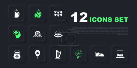 Set Leprechaun boot, hat, Medal with clover, Four leaf, Head trefoil, Balloon, Glass of beer and Harp icon. Vector