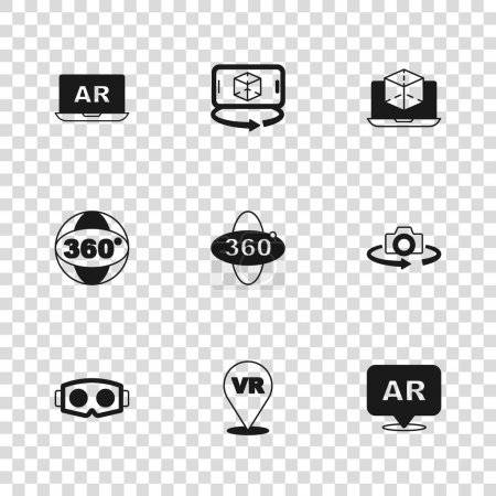 Téléchargez les illustrations : Définir la réalité virtuelle, vue à 360 degrés, AR augmentée, modélisation 3D et icône. Vecteur - en licence libre de droit
