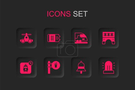 Set Cafe and restaurant location, Train ticket, Handcar transportation, station bell, Bridge for train, Flasher siren, High-speed and Online booking icon. Vector