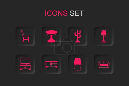 Set TV table stand, Round, Chair, Table lamp, Floor, Sofa, Coat and  icon. Vector