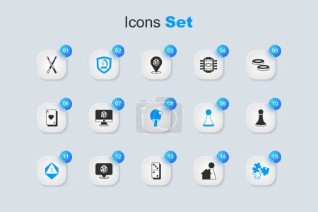Set Chip for board game, Game dice, Chess, Puzzle pieces toy, pawn, Crossed billiard cues and Racket icon. Vector